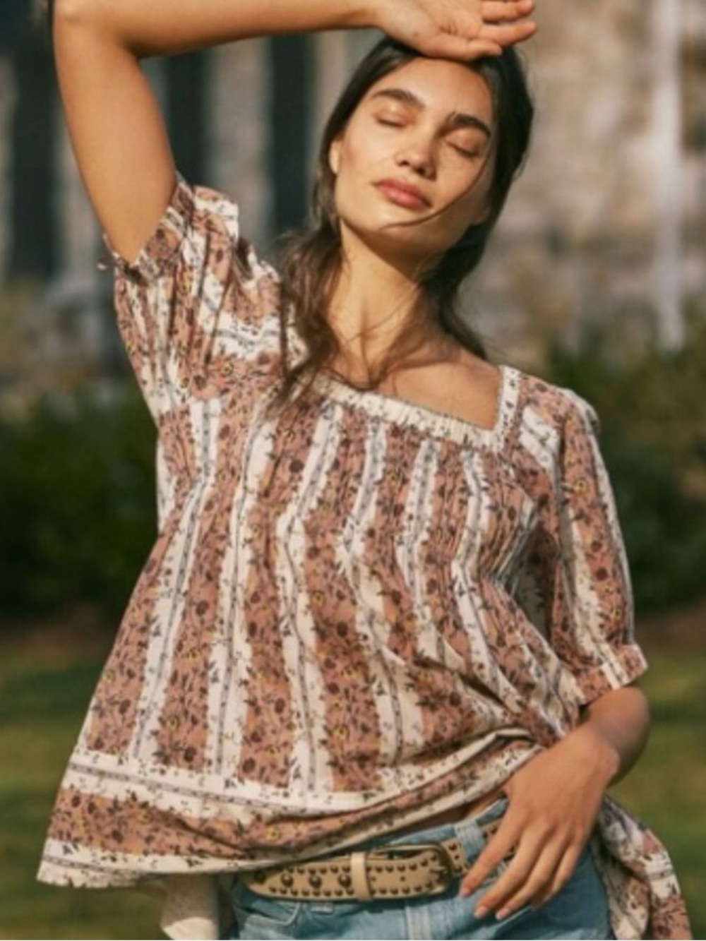 Free People Floral Babydoll Top SZ L Romantic Cottagecore